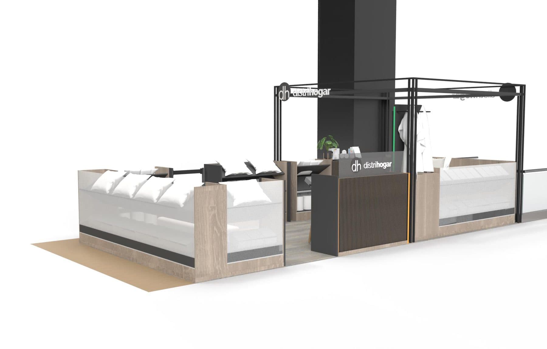 Volumetric study of the island module. Two-level glass vitrine at the front, pergola framing the rear zone.