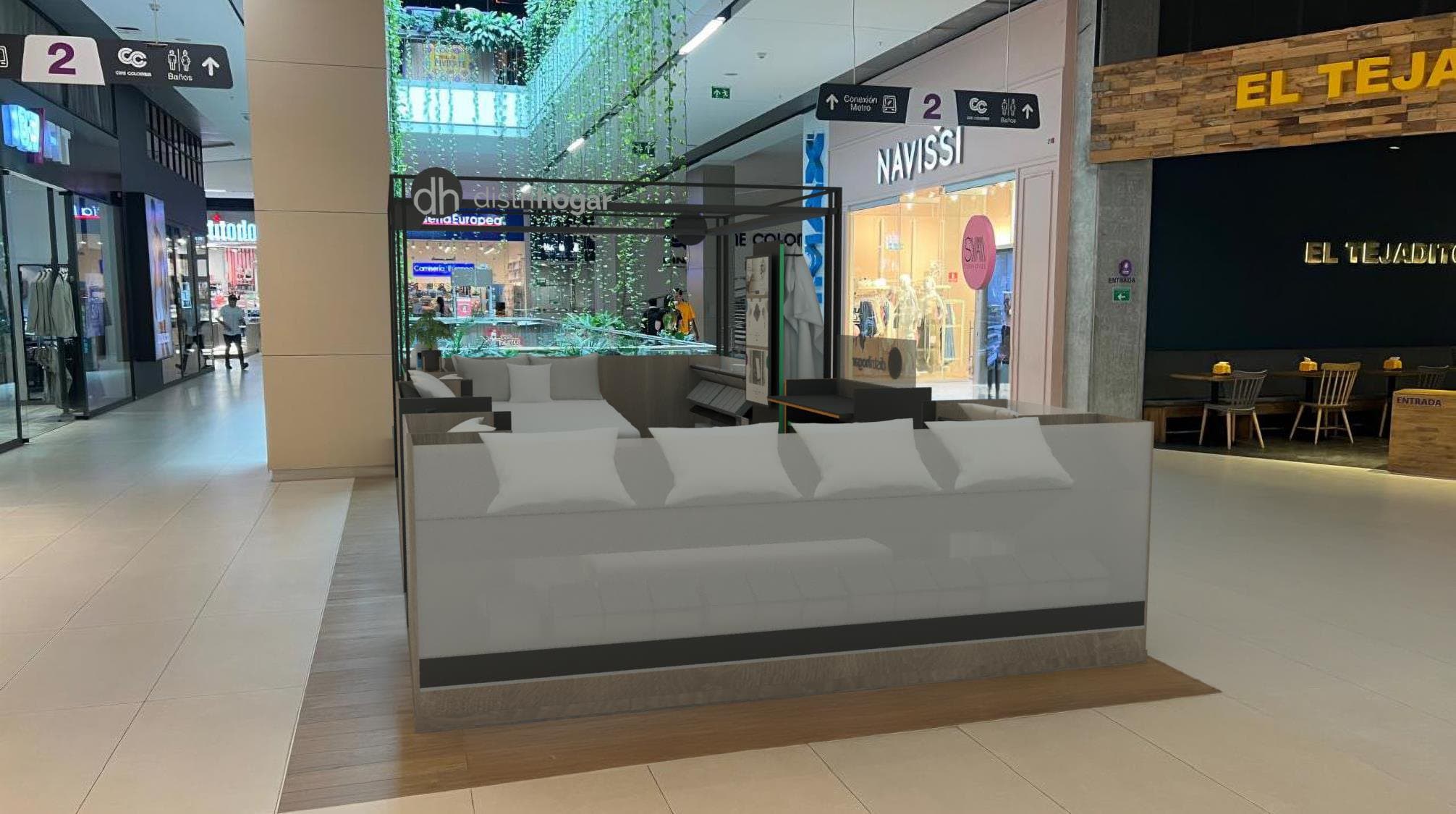 Site photomontage, frontal view. The module reads as a low glass facade against the mall corridor.