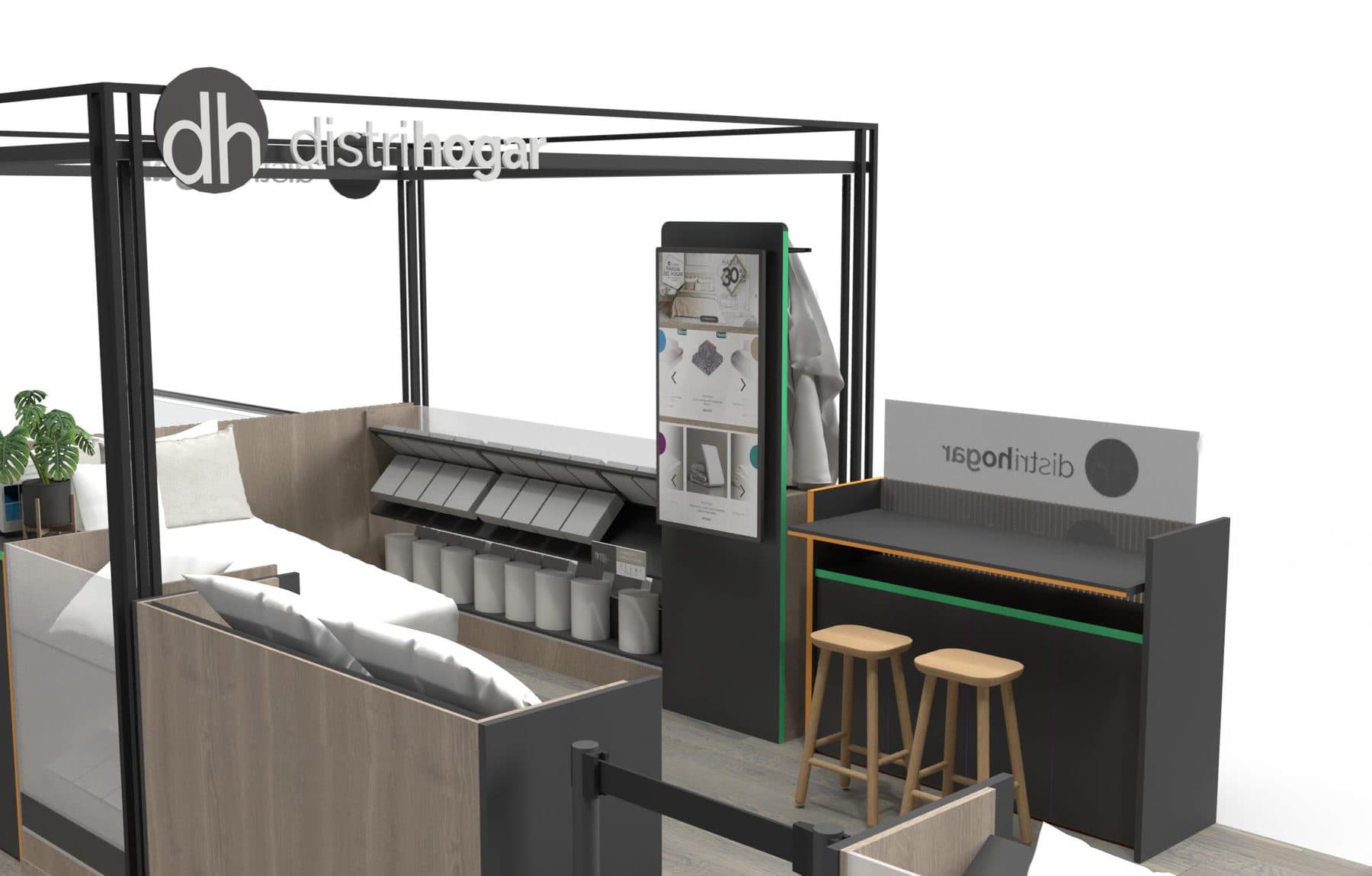 Interactive zone. The 50 inch touch totem carries the full web catalog, capped at 210 cm so the screen stays within reach.