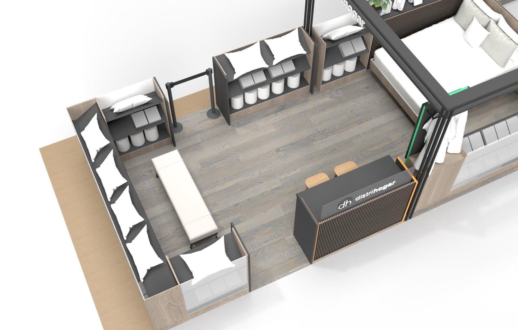 Double lateral access to the Cama Show. Drawers under the bed and under the service furniture hide the operational storage.