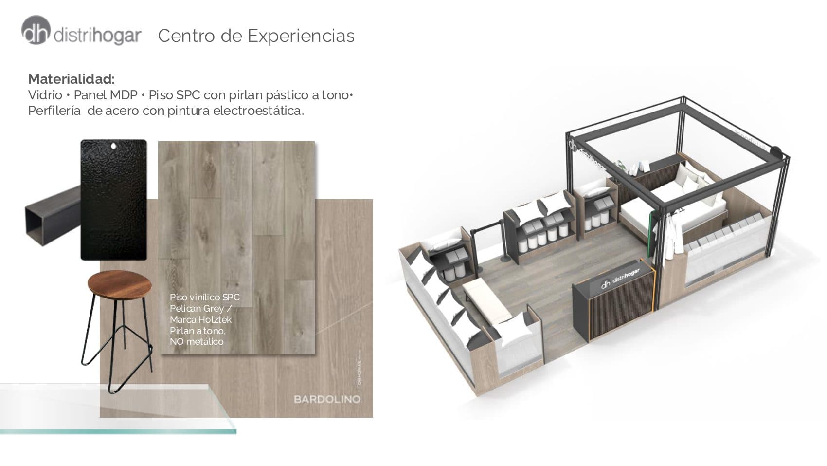Material specification. Bardolino melamine on MDP, Pelican Grey SPC flooring by Holztek, black micro-textured steel and clear glass.