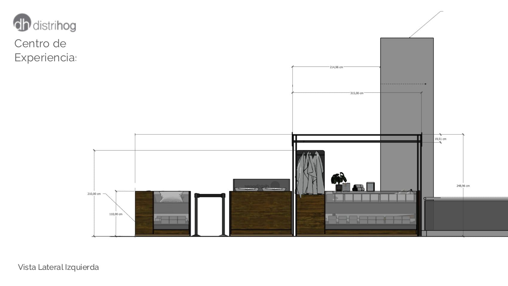 Left lateral elevation with dimensions. Pergola at 248,96 cm, vitrines between 110 and 210 cm.