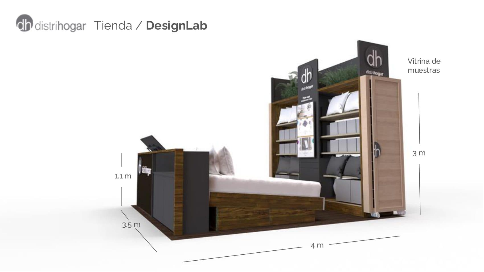 DesignLab at Centro Comercial Oviedo. Sample vitrine and Cama Show inside a 4,00 by 3,50 meter footprint.