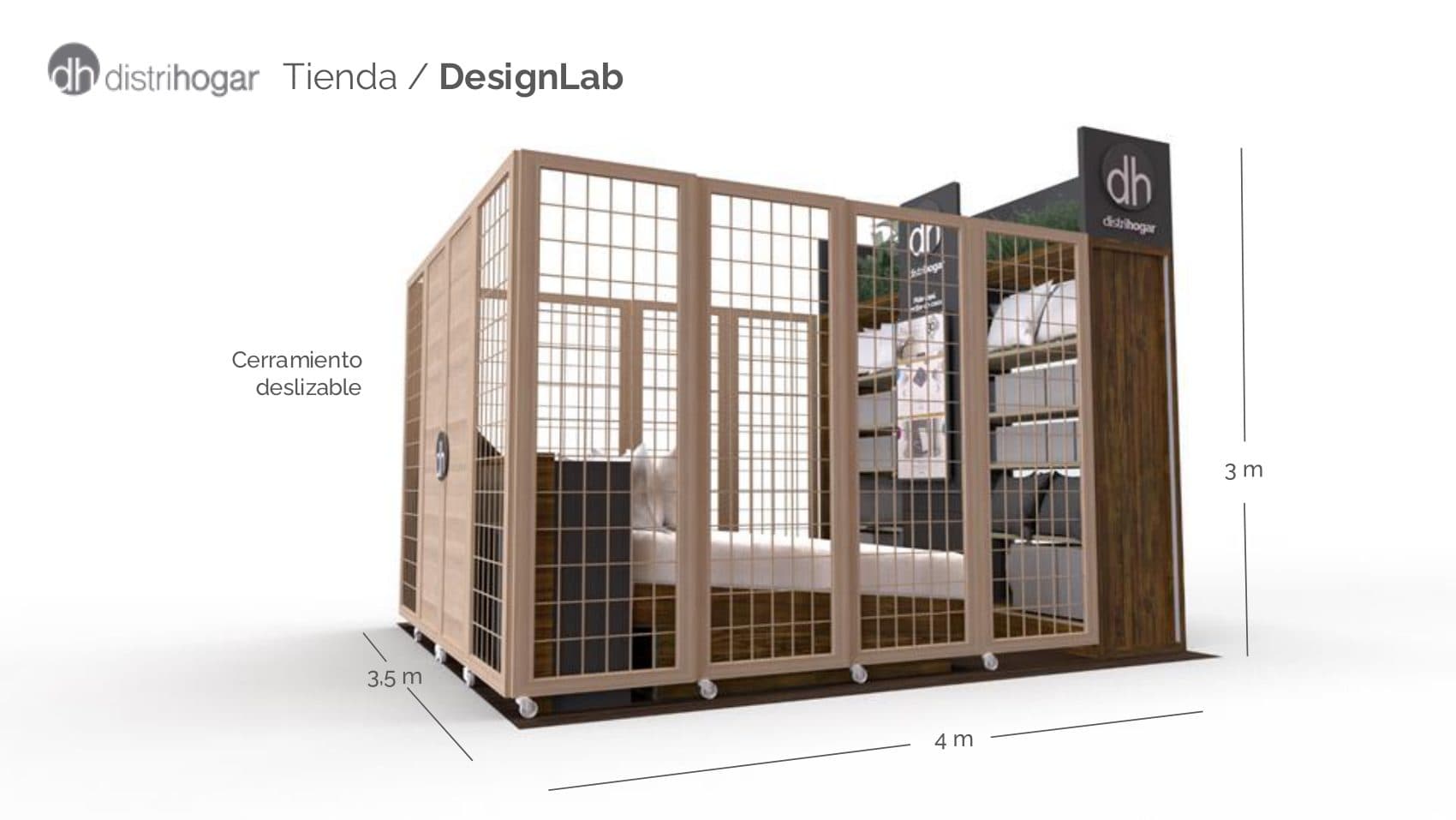 The sliding timber lattice closed. The perimeter screen runs on wheels and secures the stand at night.