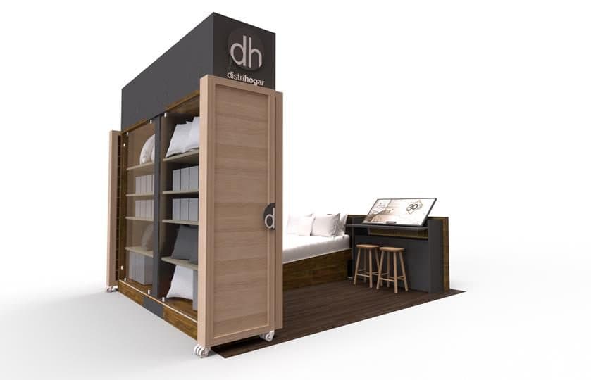 Front Desk as design center. Tilted interactive screen and wooden stools for choosing finishes.