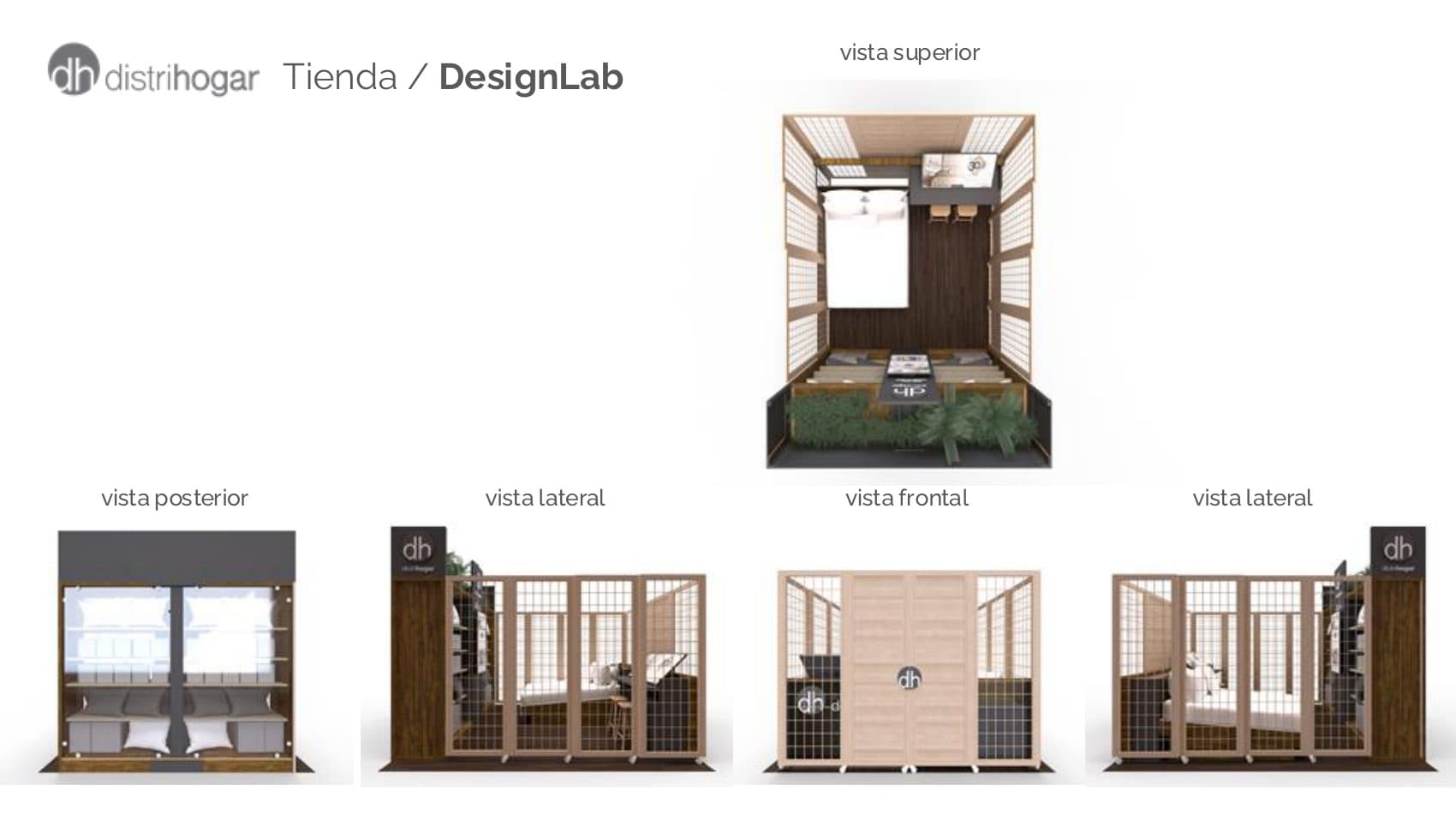 Orthographic set for the DesignLab module: top, front, both laterals and rear.